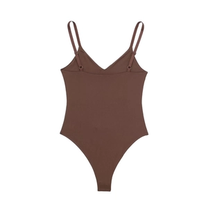 Flat lay of a coffee brown thong bodysuit with thin adjustable straps and a V-neckline