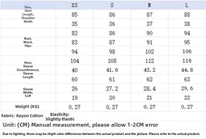 Tableau des tailles détaillé pour robe minimaliste avec mesures de XS à L en cm