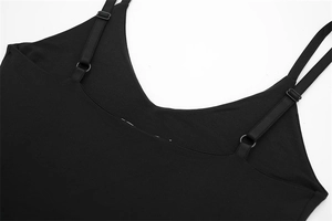 Close-up of adjustable straps and high-quality nylon stitching on a black bodysuit