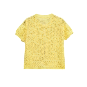 Slim fit yellow hollow crochet knit top with short sleeves and floral pointelle pattern