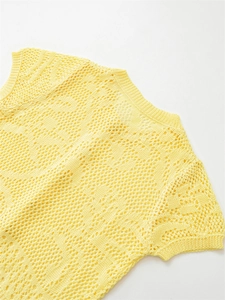 Close-up of bright yellow crochet knit top showing textured hollow mesh and ribbed edges