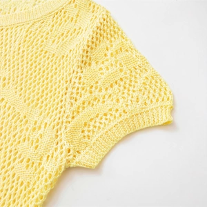 Slim fit hollow crochet knit top for women in light yellow with short sleeves and crew neck