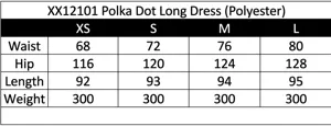 Size chart for polka dot maxi skirt showing measurements for waist and length