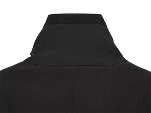 Close-up of black jacket collar featuring ribbed texture and high-quality stitching detail
