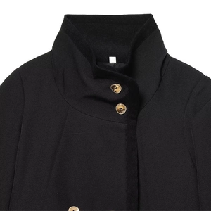 Modern black stand-collar jacket with velvet trim and golden textured buttons