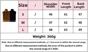 Size chart detail for high-neck sleeveless faux fur vest with garment measurements