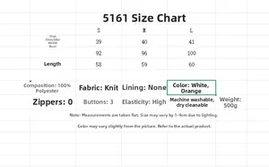 Size chart for V-neck plush knit vest showing S, M, L dimensions and fabric specifications