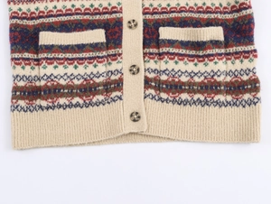 Nahaufnahme der geometrischen Fair-Isle-Strickmuster und Schildpattknöpfe am Cardigan