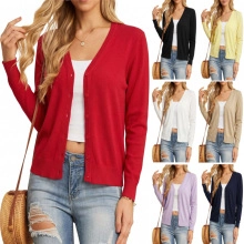 Macro detail of V-neck knit cardigan buttons and soft cotton blend fabric texture