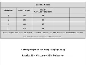 Detailed size chart for solid color wide leg pants showing measurements from S to XL