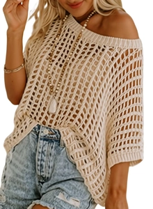 Detail of apricot hollow knit top with off-shoulder neckline and mesh texture