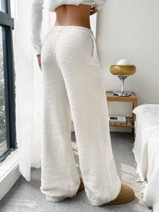 Women's warm off-white fleece wide-leg lounge pants with soft textured fabric