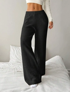 Women's high waist black knitted wide leg lounge pants with ribbed elastic waistband