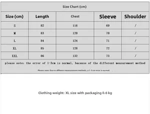 Size chart for women knit sweater dress with length, chest and sleeve measurements