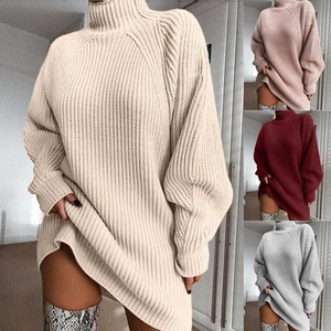 Detail of chunky rib-knit texture and loose-fit design on long sleeve sweater dresses