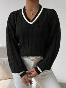 Women's V-neck cable knit sweater in black with contrast white stripes and loose fit