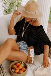 Detail of black crochet knit mesh top showing hollow geometric pattern for summer beachwear