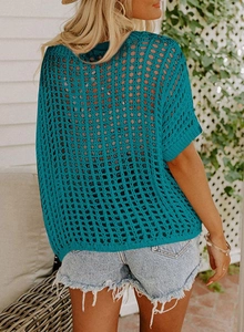 Detail view of teal crochet knit top featuring bohemian openwork mesh design from the back