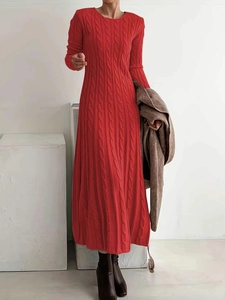 Elegant red cable knit long sleeve maxi dress for women in a cozy winter style