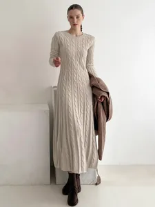 Elegant beige cable knit long sleeve midi dress with slim fit and round neck design