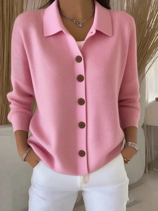 Women Casual Solid Color Turn-Down Collar Single-Breasted Long Sleeve Knitted Cardigan Sweater Outerwear