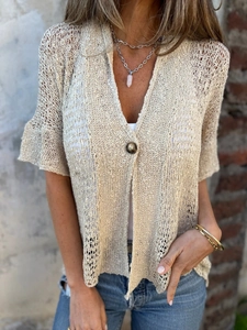Macro detail of beige crochet knit cardigan with V-neckline and vintage single button