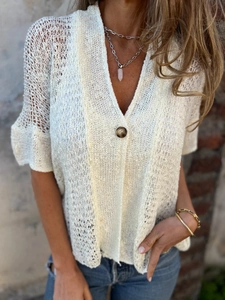 Chic cream hollow out crochet knit cardigan with V-neck and single button detail