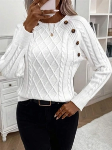 Women Casual Cable Knit Sweater With Side Buttons Raglan Sleeve Solid Color Crew Neck Long Sleeve Knit Pullover Top
