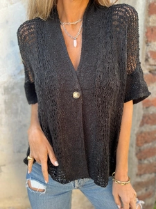 Detailed view of a black V-neck hollow-out knit cardigan with a single button closure
