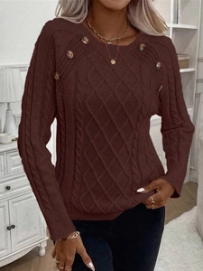 Women's coffee brown cable knit sweater with button details and raglan sleeves