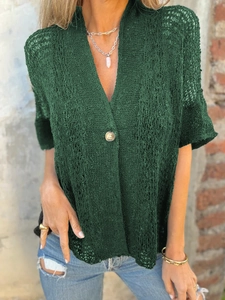 Detail of dark green knit cardigan featuring hollow-out texture and single wood button