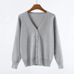 Detailed view of light gray V-neck knit cardigan with button-down front and ribbed texture