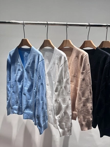 Detail of V-neck knitted cardigans showing embossed square texture in multiple colors