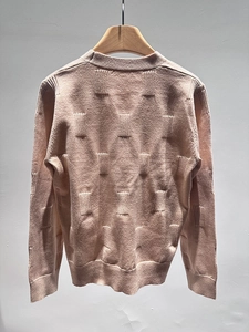 Close-up of pink knit sweater showing unique 3D rectangular textured pattern
