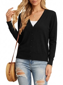 Detail of black V-neck cardigan featuring fine knit texture and matching round buttons