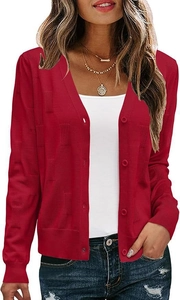 Detail of red slim fit V-neck knitted cardigan showing soft textured square patterns