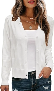 Close-up of white V-neck cardigan featuring detailed embossed checkered knit pattern