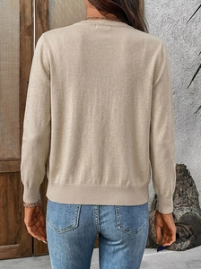 Slim fit long sleeve V-neck knitted cardigan in oatmeal beige with ribbed cuffs