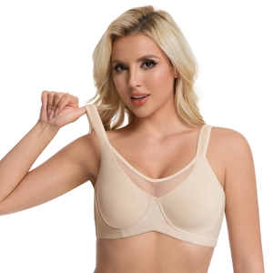 Detail of beige full cup bra with breathable mesh patchwork and wide straps for support