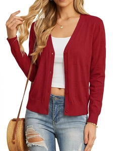 Close-up of wine red slim fit cardigan featuring V-neck and textured rib knit detail