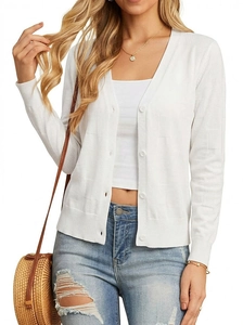 Close-up detail of white V-neck knit cardigan showing checkered texture and buttons