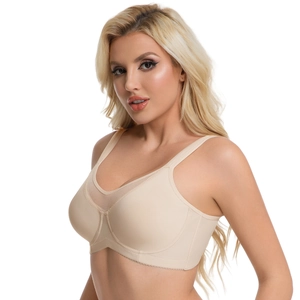 Slim nude wireless bra with sheer mesh trim and wide support straps for comfort