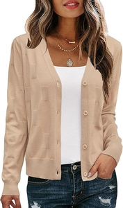 Detail of V-neck knit cardigan showing unique rectangular texture and ribbed cuffs