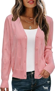 Detailed close-up of pink V-neck cardigan with unique square textured knit pattern