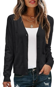 Detailed close-up of black V-neck cardigan featuring a unique 3D square jacquard texture