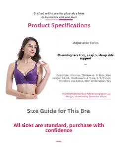 Detail of purple lace bra showing 0.3cm thin cup thickness and 4-hook back closure
