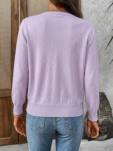 Slim fit lavender long sleeve knit cardigan for women shown from the back view