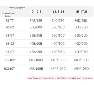 Detailed size chart for lace underwire bra showing measurements from 34B to 46D cups