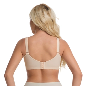 Back view of a beige plus size seamless bra with wide straps and U-shaped back design