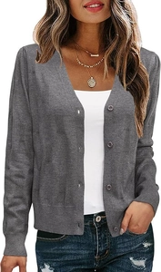 Detailed view of grey V-neck knit cardigan with unique square texture and rib cuffs